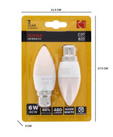 2PK KODAK LED BULB CANDLE B22 BAYONET 6W WARM WHITE